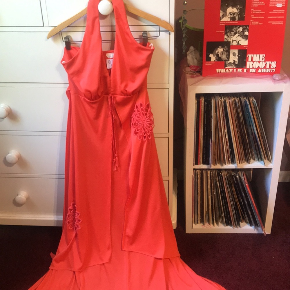 Vintage 70’s Sangria Halter Maxi Dress Long Sundress Red Orange Crochet Flower M